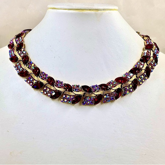 Vintage TRIFARI Red Rhinestone And Pink AB Necklace - Picture 1 of 6